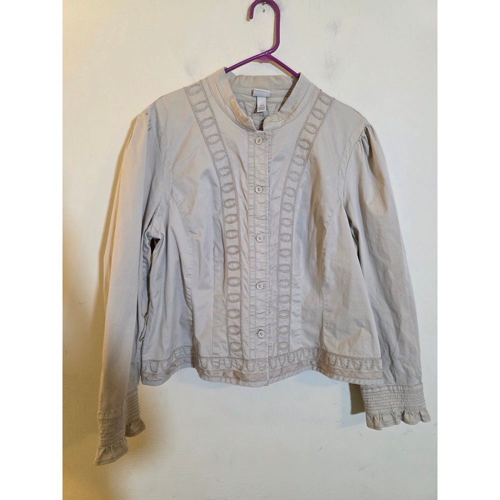 Venezia Tan Embroidered Button Front Jacket Mandarin Collar‎ Ruffle Cuff 18/20